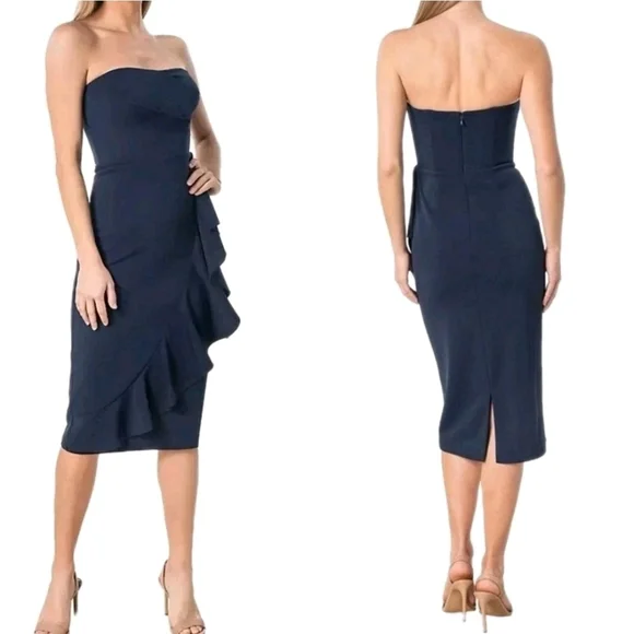 NWOT Dress The Population Liv Womens (L) Navy Blue Ruffled Strapless Midi Dress - Picture 7 of 13